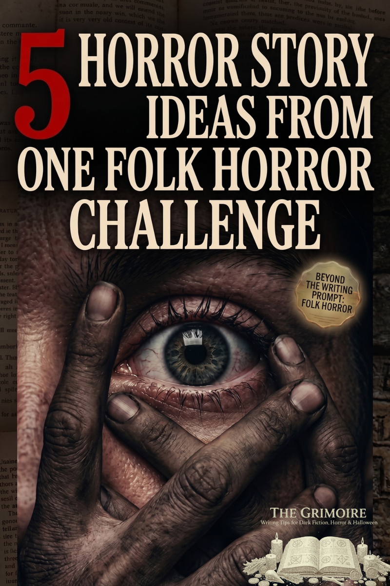 5 horror story ideas from one folk horror challenge — hands covering a face with one eye visible, Beyond the Writing Prompt Folk Horror book badge, The Grimoire blog