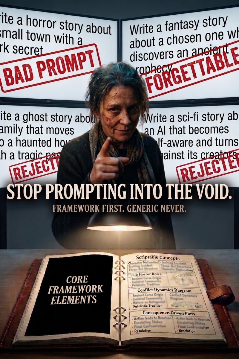 Stop AI prompting into the void — framework first, generic never. A scarred figure points at rejected generic writing prompts on screens, with a Core Framework Elements workbook open below, featuring Scriptable Concepts and Folk Horror Roles.