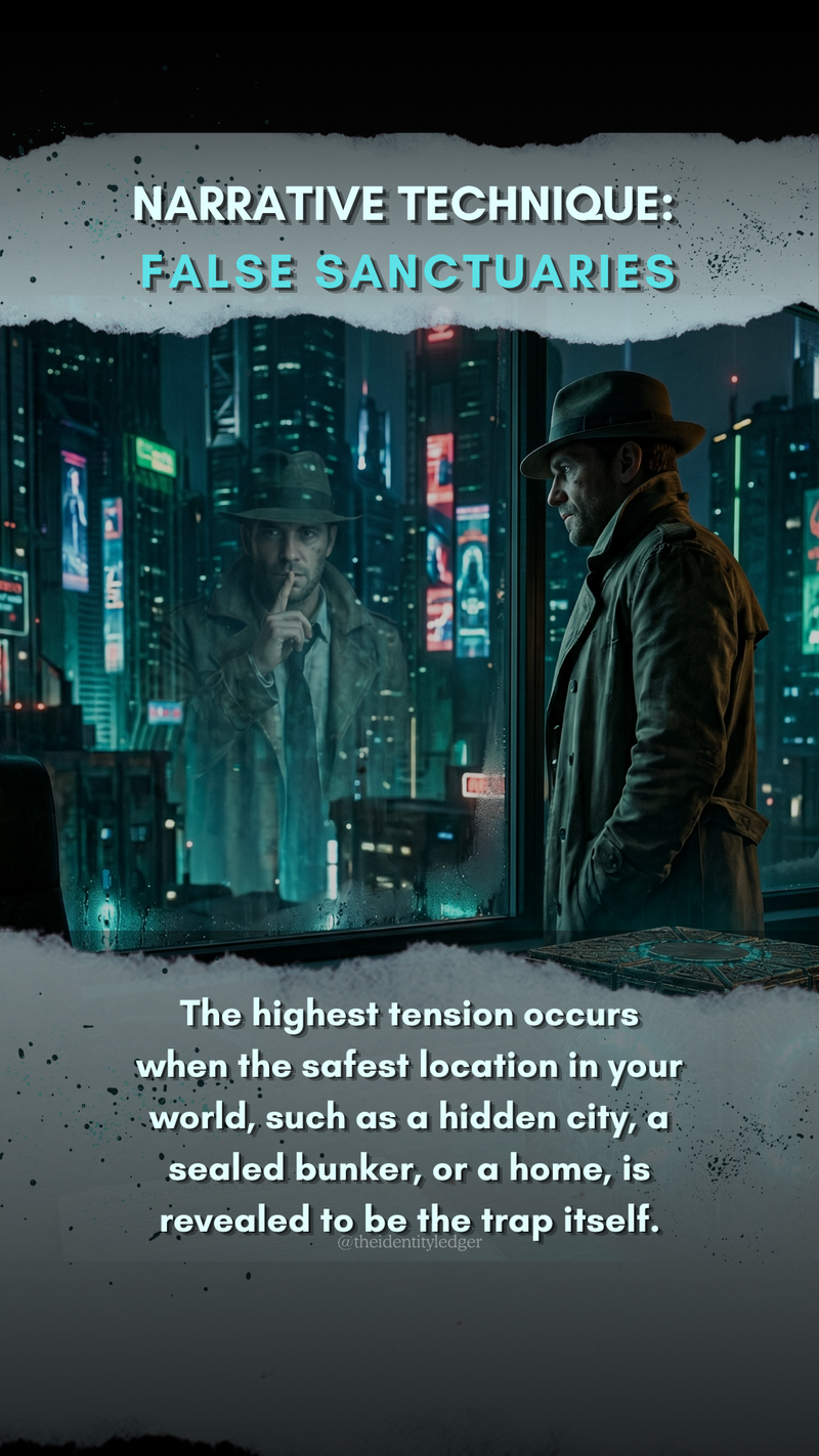 Narrative Technique: False Sanctuaries — a noir detective stands before a rain-streaked window reflecting a neon cityscape, illustrating the storytelling concept of a sanctuary revealed as a trap
