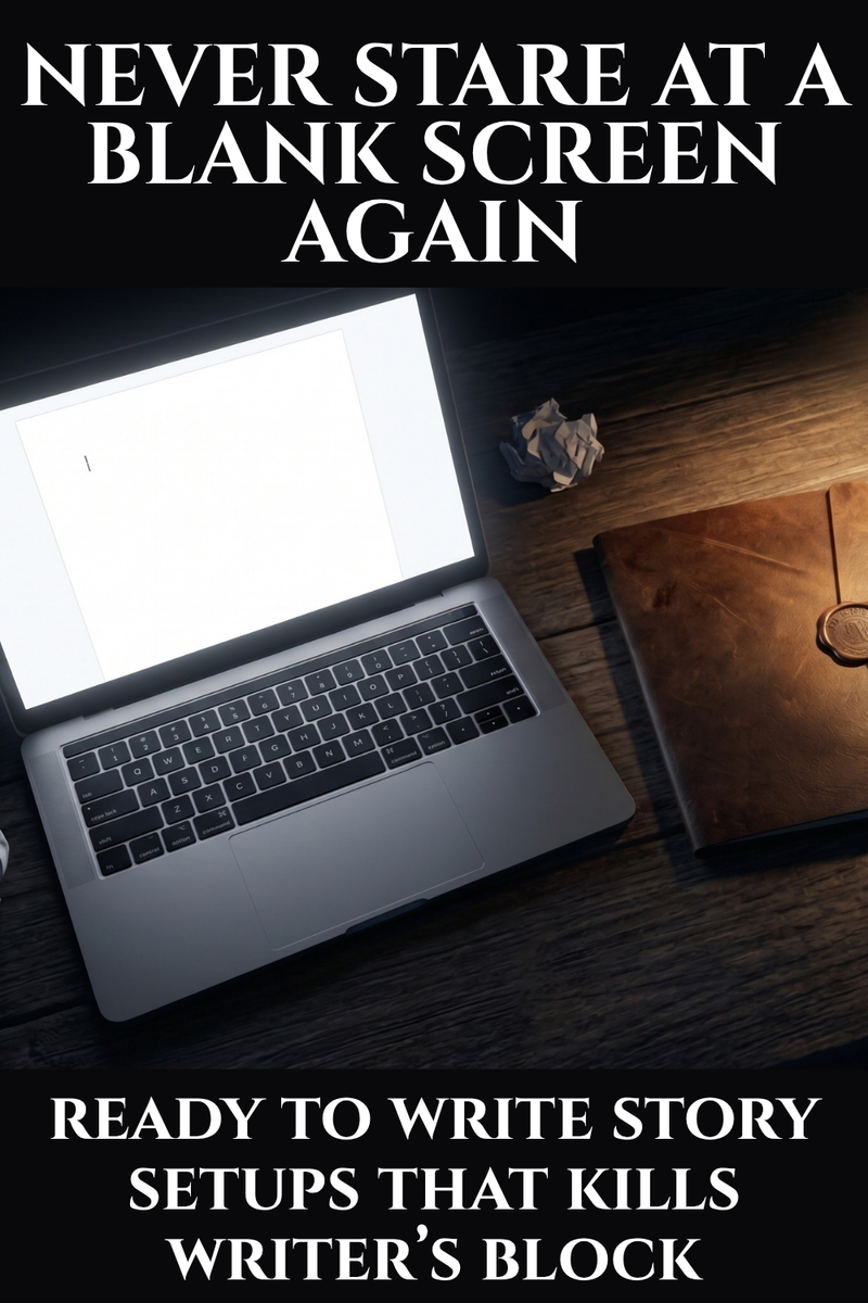 A dark overhead shot of a laptop with a blank screen beside a candlelit journal, with text reading "Never Stare at a Blank Screen Again — Ready to Write Story Setups That Kill Writer's Block."