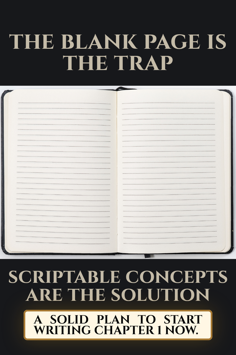 An open blank journal with text reading "The Blank Page Is the Trap — Scriptable Concepts Are the Solution. A solid plan to start writing Chapter 1 now.