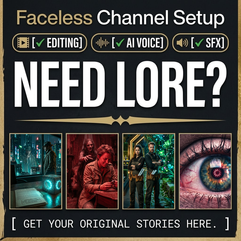 Faceless YouTube storytelling setup — editing, AI voice, and SFX checked off against cinematic scenes of sci-fi, horror, and dark fantasy. Need lore? Get original stories at The Identity Ledger.`