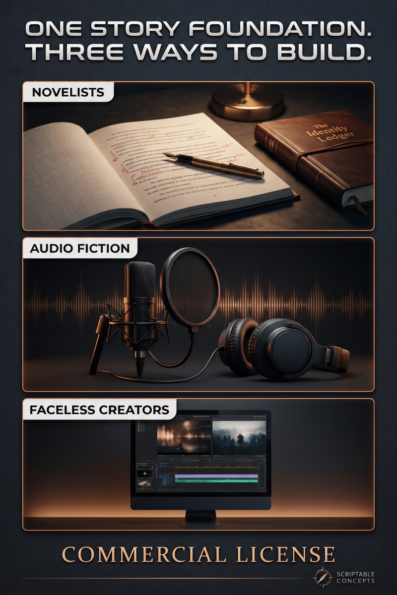 One story foundation, three ways to build — Scriptable Concepts commercial license for novelists with The Identity Ledger book, audio fiction creators with studio microphone and headphones, and faceless video creators with editing software."