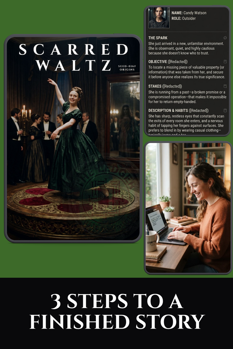 A mockup showing the Scarred Waltz Origins writing framework beside a character sheet and a writer at a laptop, with text reading "3 Steps to a Finished Story."