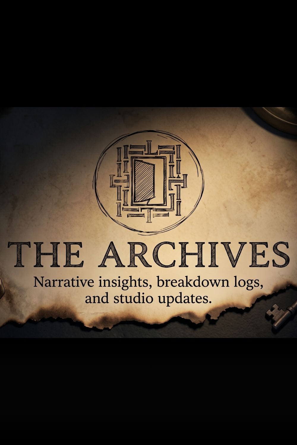 A digital cover-style graphic for 'The Archives' with a parchment-like beige background, black text reading 'THE ARCHIVES' and 'Narrative insights, breakdown logs, and studio updates,' plus a circular monogram logo above. The design is centered on a black background.