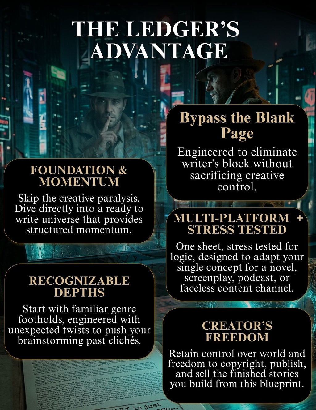 A promotional infographic for 'The Ledger's Advantage' featuring a dark, cyberpunk-style background with a blurred figure in a trench coat and neon city lights. The graphic contains five black rounded-rectangle callout boxes with white text highlighting key selling points: 'Foundation & Momentum', 'Recognizable Depths', 'Bypass the Blank Page', 'Multi-Platform + Stress Tested', and 'Creator's Freedom'.