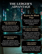 A promotional infographic for 'The Ledger's Advantage' featuring a dark, cyberpunk-style background with a blurred figure in a trench coat and neon city lights. The graphic contains five black rounded-rectangle callout boxes with white text highlighting key selling points: 'Foundation & Momentum', 'Recognizable Depths', 'Bypass the Blank Page', 'Multi-Platform + Stress Tested', and 'Creator's Freedom'.