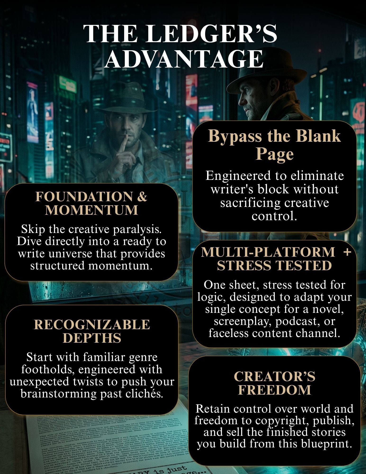 A promotional infographic for 'The Ledger's Advantage' featuring a dark, cyberpunk-style background with a blurred figure in a trench coat and neon city lights. The graphic contains five black rounded-rectangle callout boxes with white text highlighting key selling points: 'Foundation & Momentum', 'Recognizable Depths', 'Bypass the Blank Page', 'Multi-Platform + Stress Tested', and 'Creator's Freedom'.