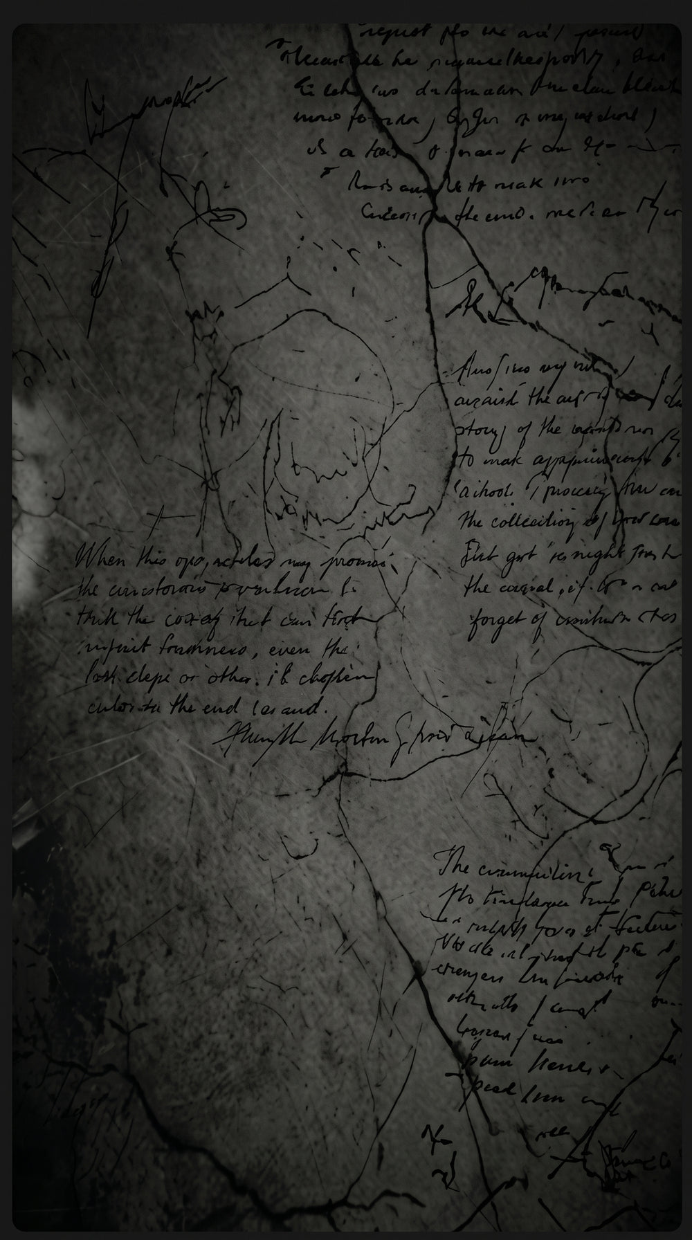 A dark, textured vintage-style letterhead or manuscript page with cursive handwriting and sketch-like line drawings on a mottled black and gray background.