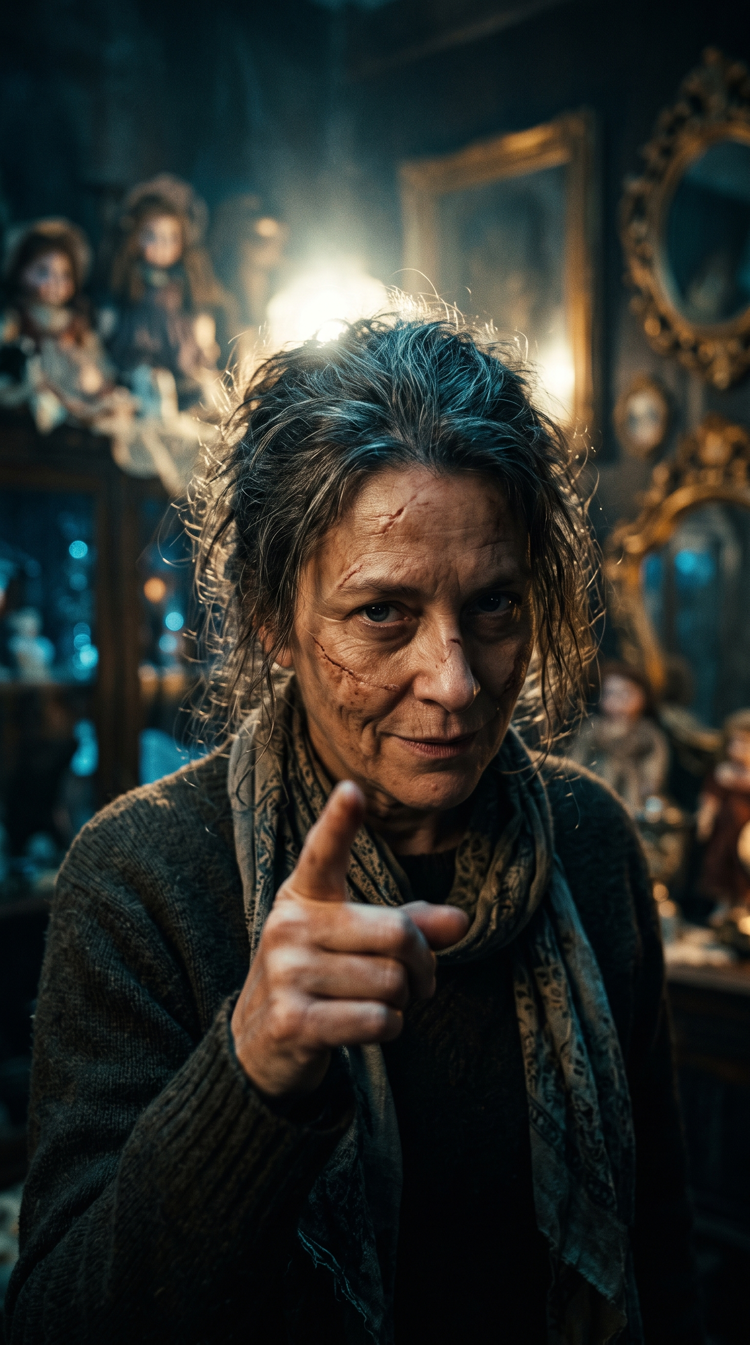 A close-up portrait of a woman with a distressed expression, pointing her finger toward the viewer. She is wearing a dark textured sweater and a patterned scarf, set against a dark, atmospheric room filled with antique dolls and gold-framed mirrors.