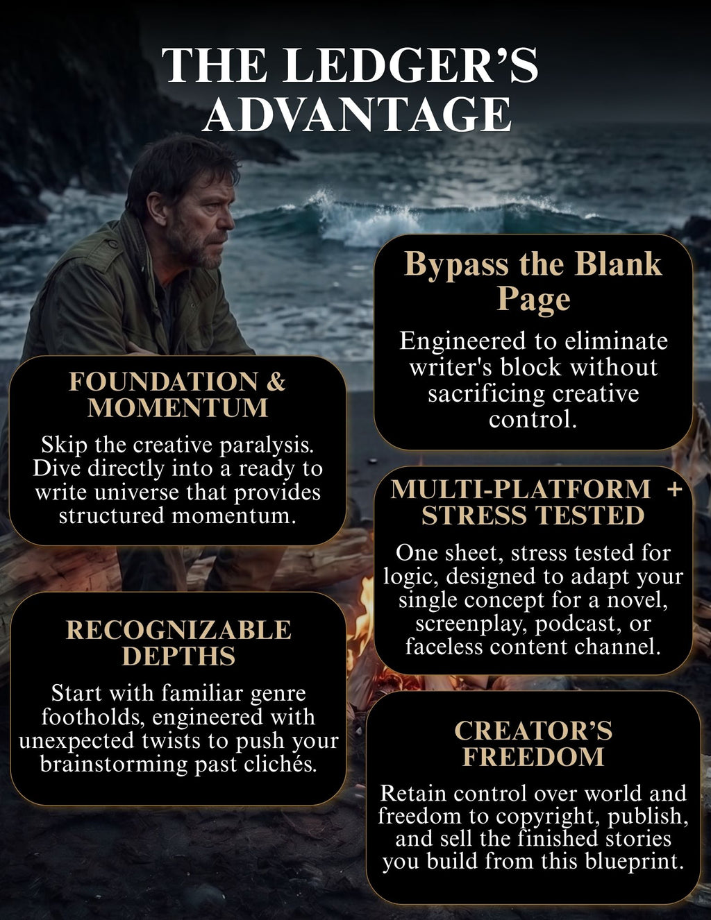 Promotional infographic for 'The Ledger's Advantage' featuring a dark, moody background with a man looking out at the ocean. Four black rounded-corner text boxes with white text outline key selling points: 'Foundation & Momentum,' 'Recognizable Depths,' 'Multi-Platform & Stress Tested,' and 'Creator's Freedom.