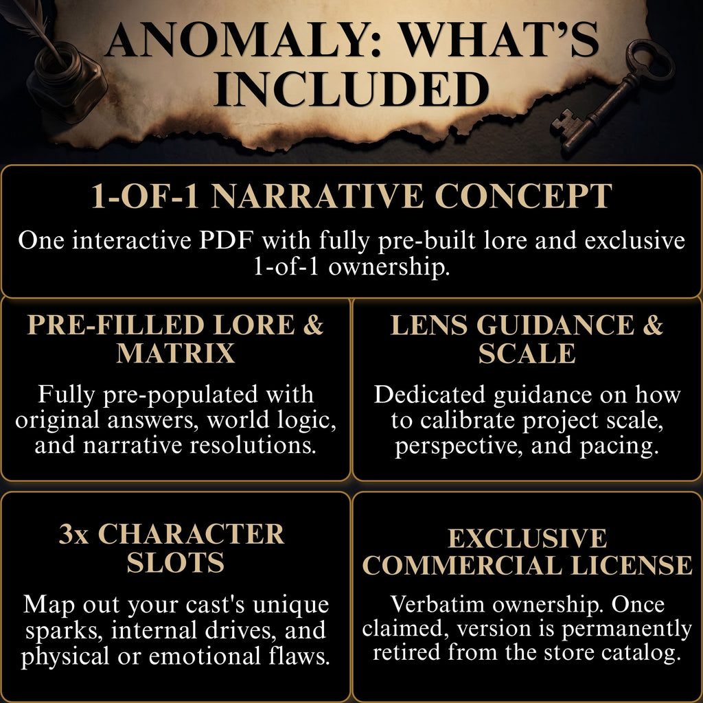 Anomaly What's Included infographic detailing 1-of-1 narrative assets for authors, screenwriters, and creators: Pre-Filled Lore & Matrix, Lens Guidance & Scale, 3x Character Slots, and Exclusive Commercial License.