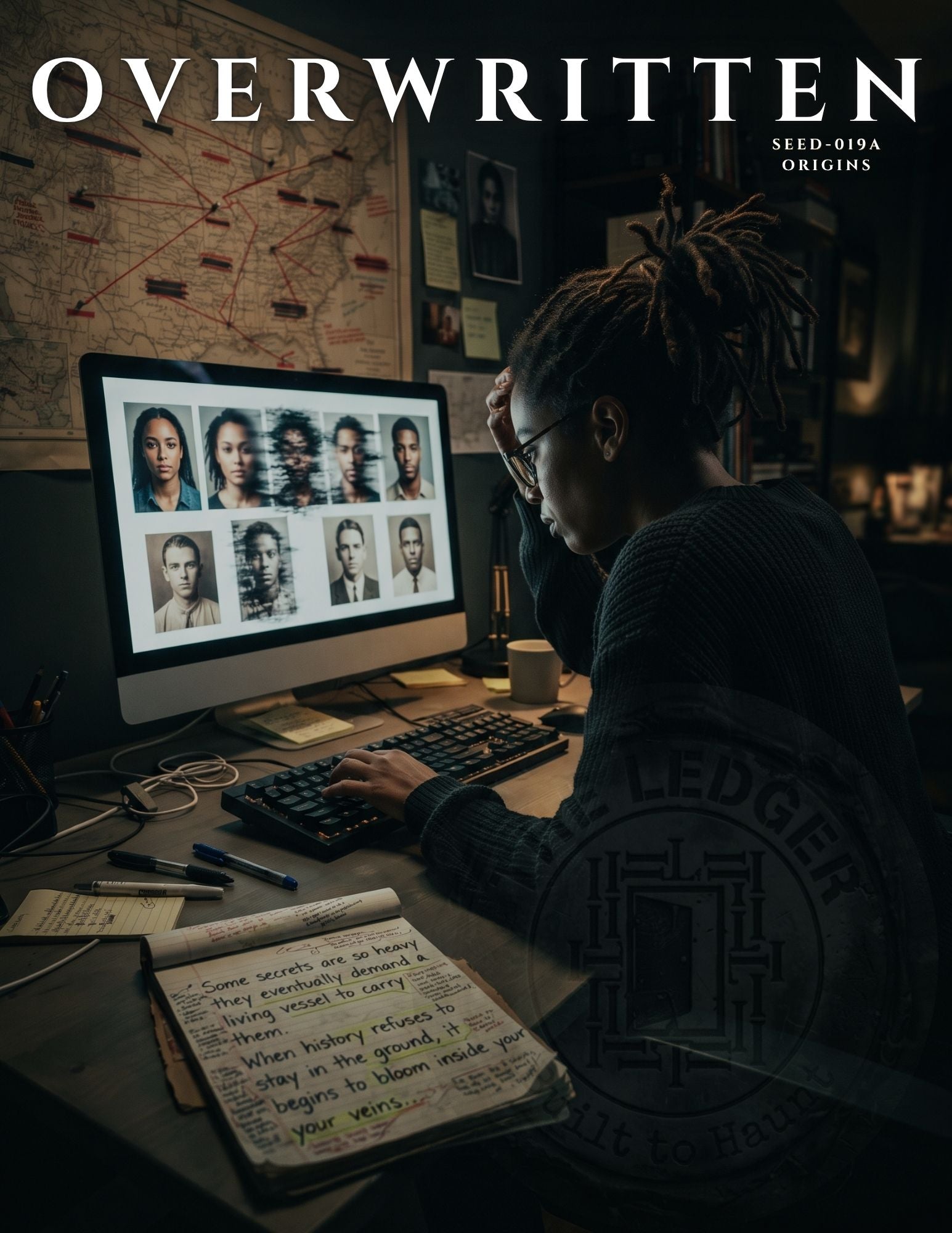 Investigator analyzing digital portraits on a computer screen near a string-connected map and handwritten note page.