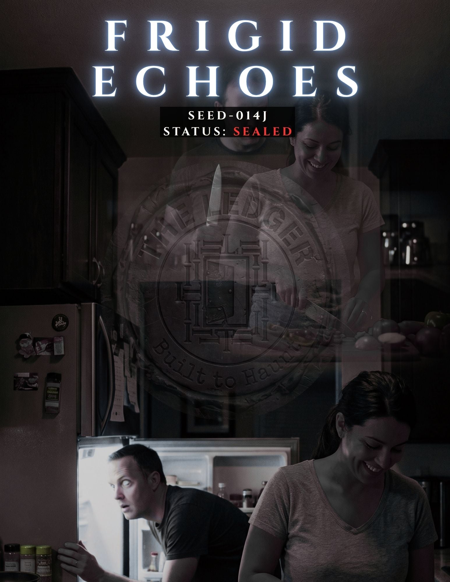 Double exposure cover art for Frigid Echoes featuring a woman chopping vegetables while a man looks into a refrigerator and a ghostly figure holds a knife behind her.