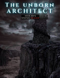 Gothic lighthouse built from human skulls and skeletons standing on a cliff over crashing ocean waves under stormy skies.