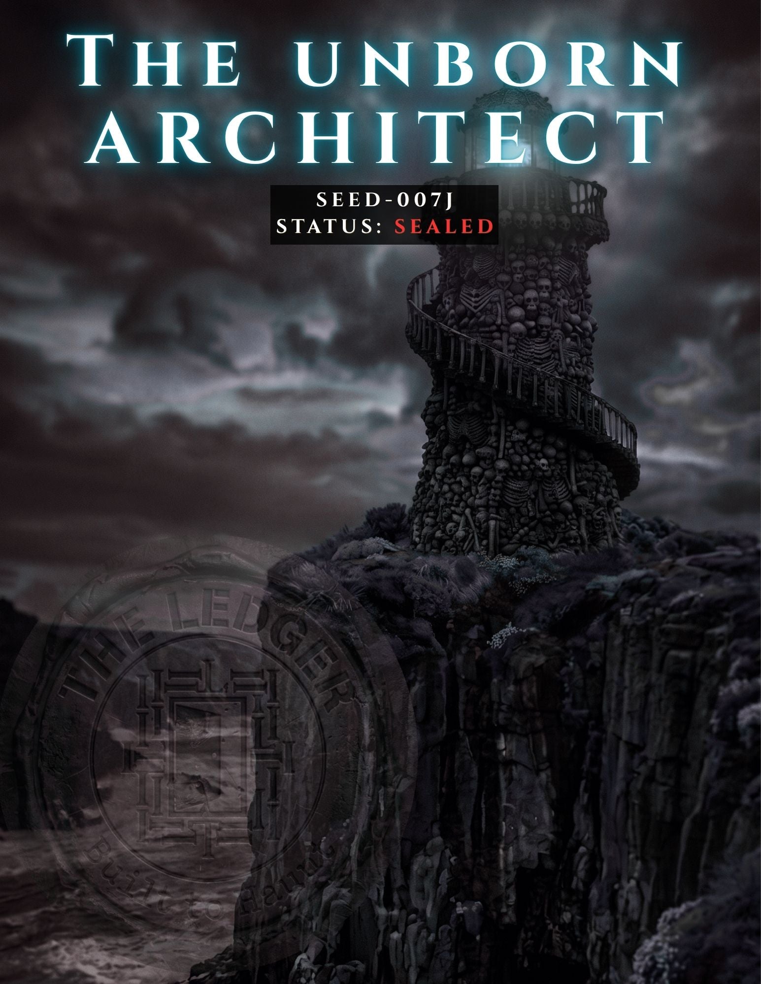 Gothic lighthouse built from human skulls and skeletons standing on a cliff over crashing ocean waves under stormy skies.