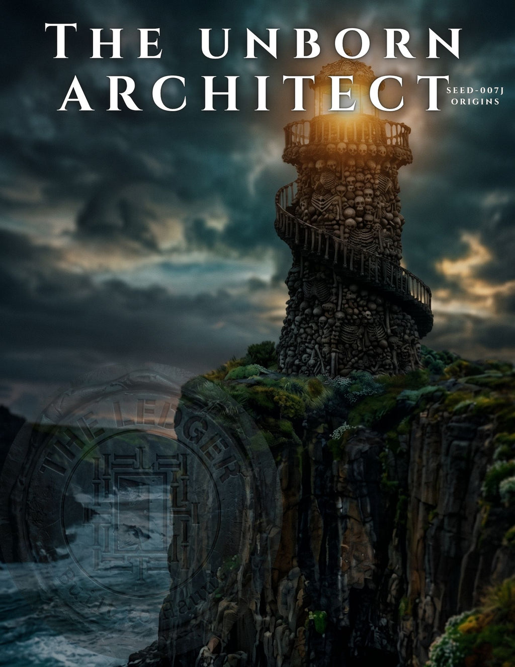 Gothic lighthouse built from human skulls and skeletons standing on a cliff over crashing ocean waves under stormy skies.