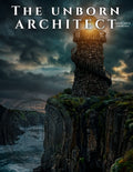 Gothic lighthouse built from human skulls and skeletons standing on a cliff over crashing ocean waves under stormy skies.