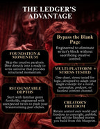 Promotional infographic for 'The Ledger's Advantage' featuring a dark, moody background with a blurred figure and several black text boxes detailing product features like 'Foundation & Momentum', 'Bypass the Blank Page', and 'Recognizable Depths'.