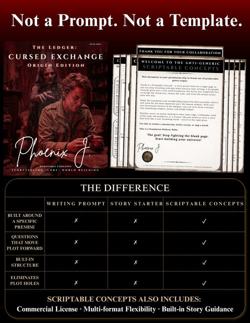 Promotional graphic for a digital writing template bundle titled 'The Ledger: Cursed Exchange Origin Edition' by Phoenix J. The top half shows a book cover and several fanned-out pages with sample text and a welcome message.