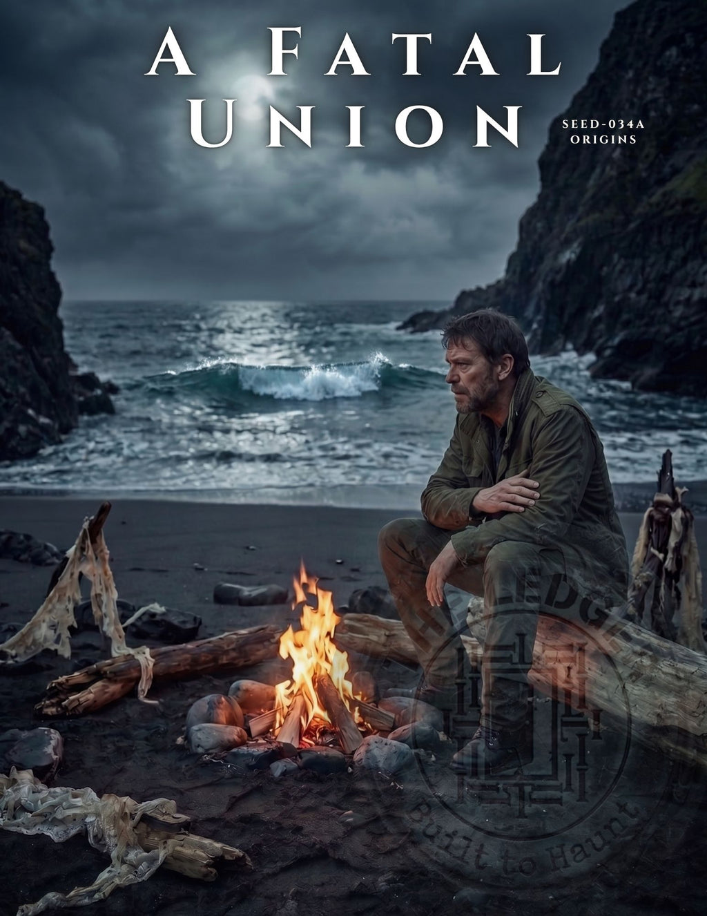 Somber man sitting by a campfire on a dark rocky beach surrounded by tattered white wedding dress fabric.