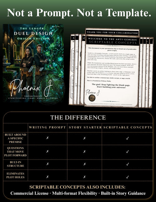 Promotional graphic for a digital product, 'The Ledge: Duel Design Original Edition'. The image shows tan image with two people in a garden, a sample collaboration letter, and a comparison chart explaining the differences between this custom writing service and standard prompt templates.