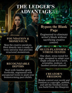 A promotional infographic titled 'THE LEDGER'S ADVANTAGE' with two people standing in a forest doorway and five black text boxes outlining features like 'Bypass the Blank Page,' 'Foundation & Momentum,' 'Recognizable Depths,' 'Multi-Platform + Stress Tested,' and 'Creator's Freedom.'.