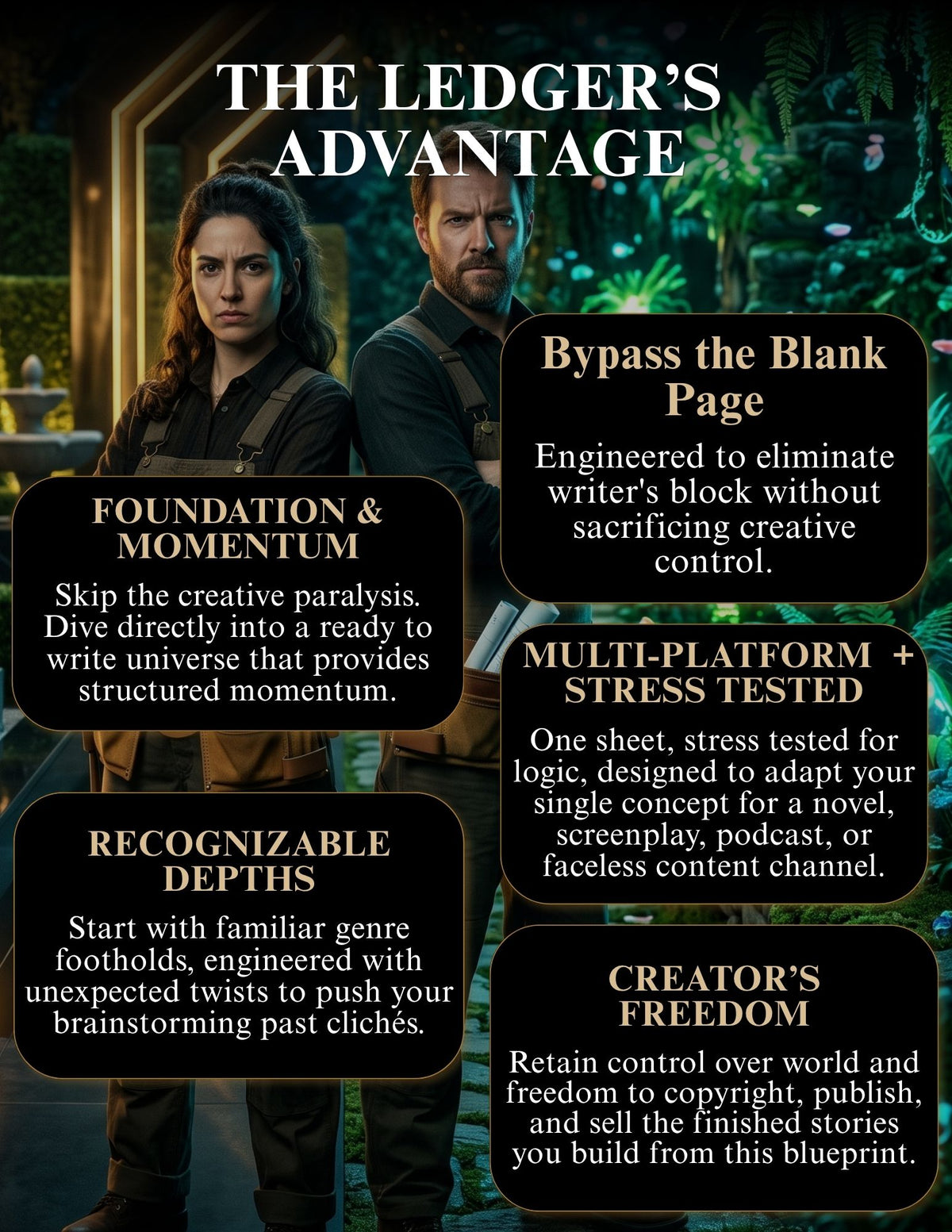 A promotional infographic titled 'THE LEDGER'S ADVANTAGE' with two people standing in a forest doorway and five black text boxes outlining features like 'Bypass the Blank Page,' 'Foundation & Momentum,' 'Recognizable Depths,' 'Multi-Platform + Stress Tested,' and 'Creator's Freedom.'.