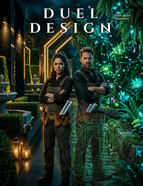 Male and female builders holding blueprints on a divide between a modern stone patio in a beautifully lit garden courtyard at night. 