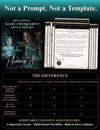 Promotional graphic for a digital template product called 'The Ledger: False Frequency Origin Edition' by Phoenix J. The image shows the cover of the digital ledger, a preview of the welcome page, a stack of pages, and a comparison table explaining the benefits of using this template versus writing prompts or story starters.