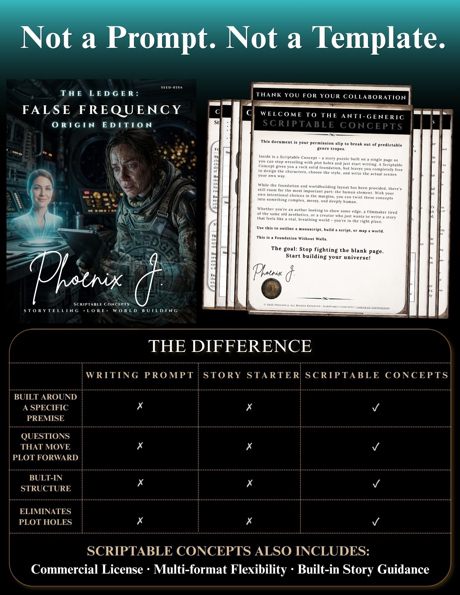 Promotional graphic for a digital template product called 'The Ledger: False Frequency Origin Edition' by Phoenix J. The image shows the cover of the digital ledger, a preview of the welcome page, a stack of pages, and a comparison table explaining the benefits of using this template versus writing prompts or story starters.