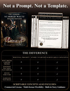 Promotional graphic for a digital writing template set titled 'The Ledger: Scarred Waltz Original Edition' by Phoenix J. The top half shows the book cover and a preview of interior pages, with the headline 'Not a Prompt.