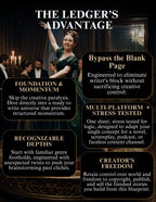 A promotional infographic for 'The Ledger's Advantage' featuring a dark background with a vintage scene of a woman in a green dress at a candlelit table. The text highlights key features like 'Foundation & Momentum', 'Recognizable Depths', 'Bypass the Blank Page', 'Multi-Platform + Stress Tested', 'Creator's Freedom', and 'The Ledger's Advantage' in a gold serif font.