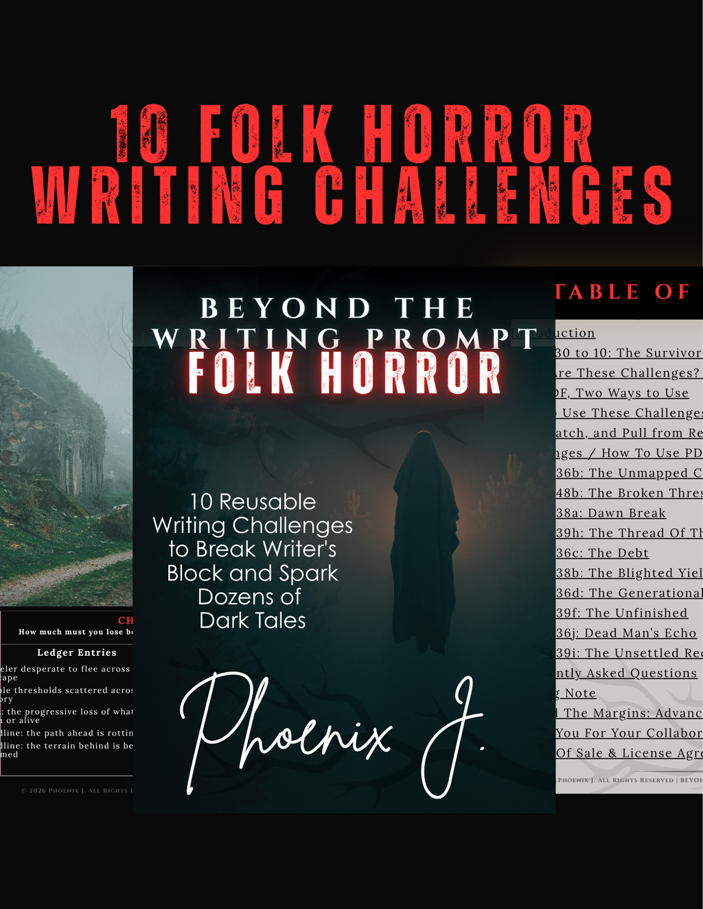 Product preview display showing the dark cover, table of contents, and sample folk horror challenge page laid over a black background with a floating hooded figure and crumbling ruins.