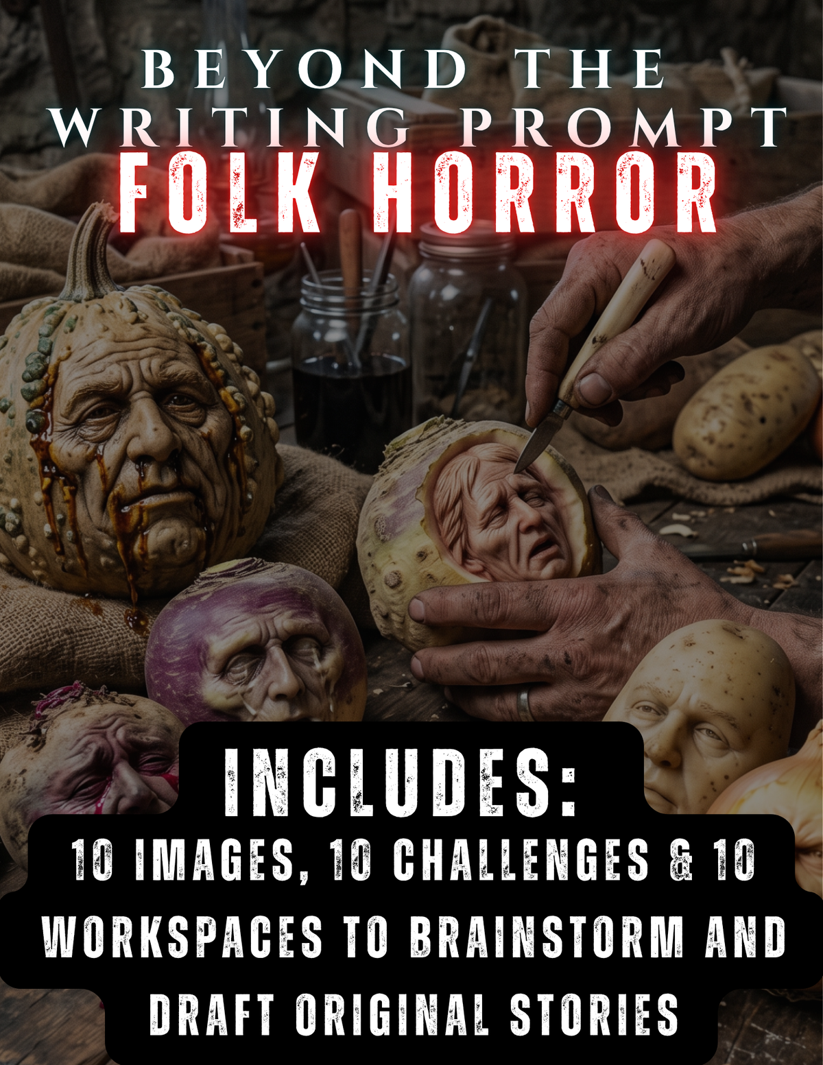 Hands carving anguished human faces into harvested root vegetables and pumpkins, with overlay text for Beyond the Writing Prompt: Folk Horror writing challenges and interactive drafting worksheets.