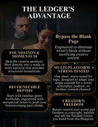 A promotional infographic with the headline 'THE LEDGER'S ADVANTAGE' over a dark background, featuring five black rounded-rectangle callout panels with white text about writing benefits: 'Bypass the Blank Page,' 'Foundation & Momentum,' 'Recognizable Depths,' 'Multi-Platform + Stress Tested,' and 'Creator's Freedom.' Two people are shown in a dim scene in the upper left, but the main subject is the text-heavy marketing graphic rather than a clean product shot.