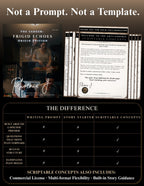 Promotional graphic for a digital template bundle titled 'The Ledger: Frigid Echoes Origin Edition' and 'Welcome to the Anti-Genetic Scriptable Novel.' It shows a book cover, a stack of pages, and a comparison chart explaining the differences between prompt-based and template-based output.