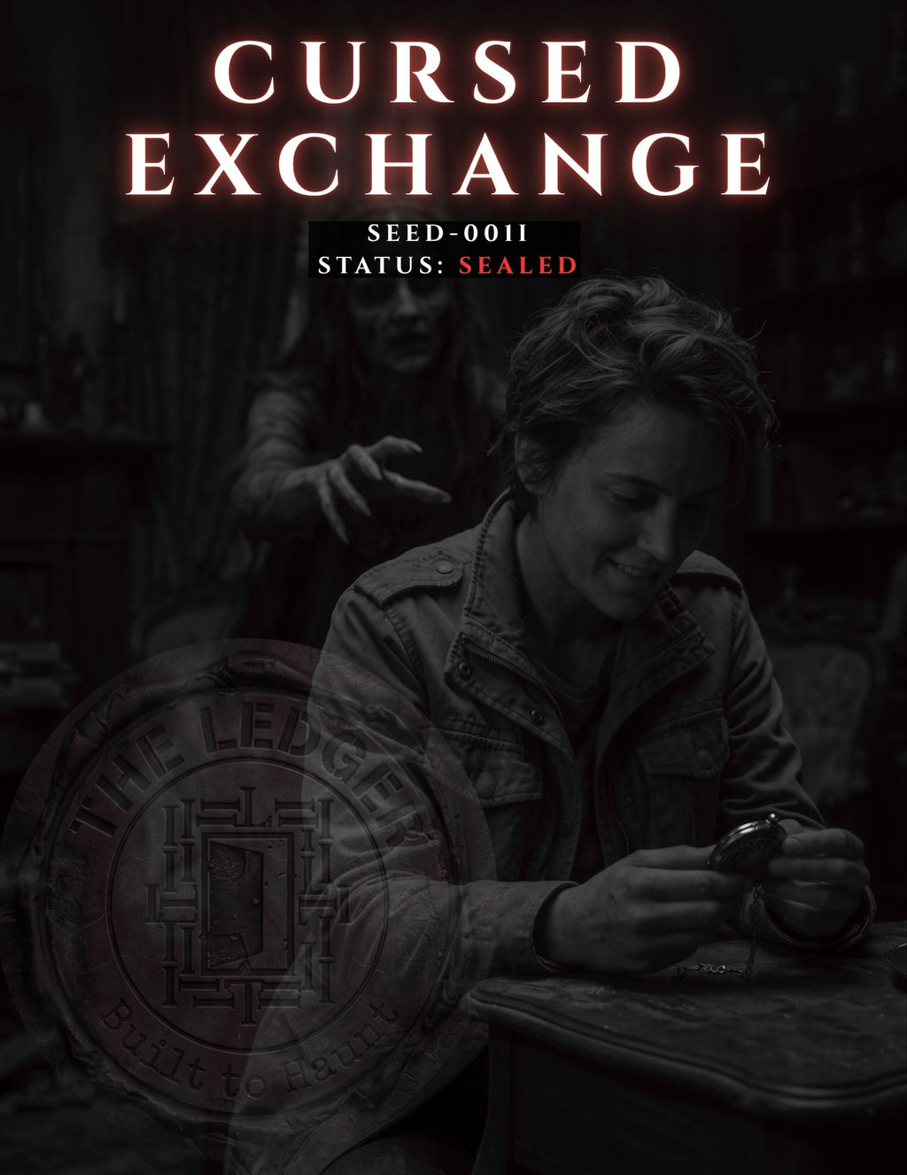 A dark promotional graphic for 'Cursed Exchange' with the title in large glowing letters at the top, a grayscale photo of a person seated at a table holding an object, with a ghost reaching from behind.