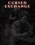 A dark promotional graphic for 'Cursed Exchange' with the title in large glowing letters at the top, a grayscale photo of a person seated at a table holding an object, with a ghost reaching from behind.