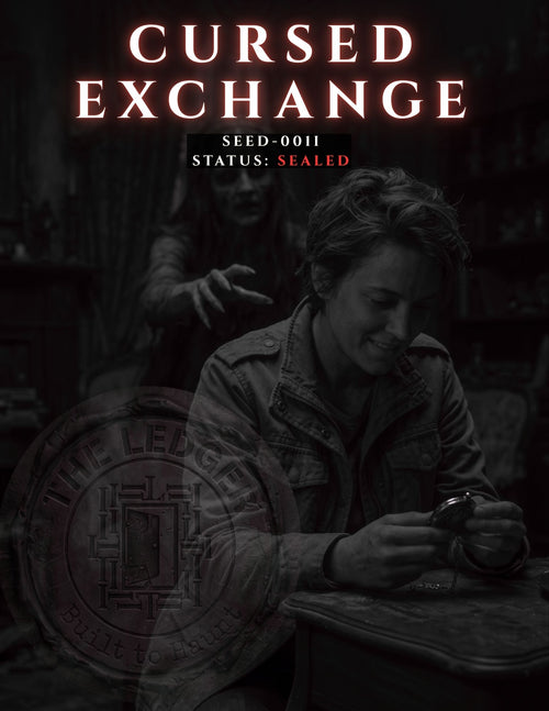 A dark promotional graphic for 'Cursed Exchange' with the title in large glowing letters at the top, a grayscale photo of a person seated at a table holding an object, with a ghost reaching from behind.