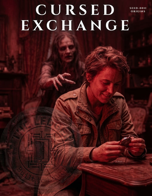 Smiling person opening a vintage pocket watch at a desk in a red-lit room while a ghostly specter reaches for them from behind.