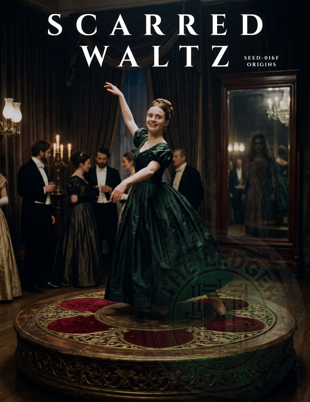 Smiling woman in a green ballgown spinning on a music box platform while a shadowy reflection haunts a mirror behind her.
