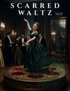 Smiling woman in a green ballgown spinning on a music box platform while a shadowy reflection haunts a mirror behind her.
