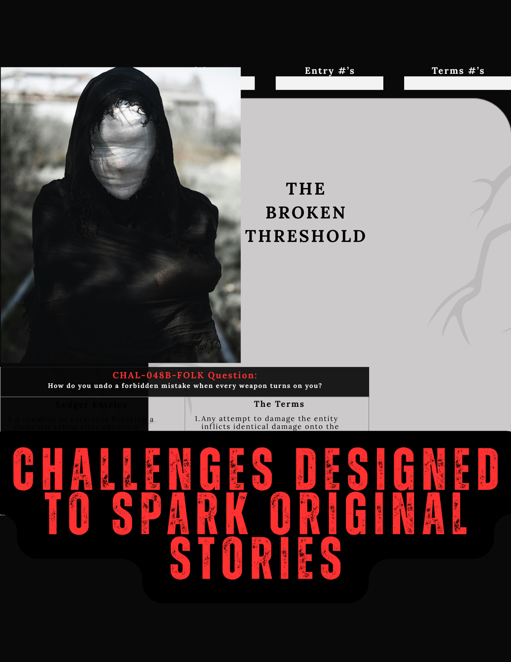 A hooded figure with a bandaged face on a railroad track, layered behind a digital interactive PDF workspace for The Broken Threshold story challenge.