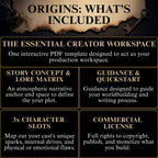 Origins What's Included infographic detailing storytelling toolkit assets for authors, screenwriters, and creators: Interactive PDF Guide Workspace, Story Concept & Lore Matrix, Guidance & Quickstart, 3x Character Slots, and Commercial License.
