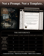 Promotional graphic for a digital template product called 'The Ledger: Overwritten Origin Edition' by Phoenix J. The top half shows marketing text, a dark illustrated scene of a person writing in a journal, and viewing image previews on a computer screen.

