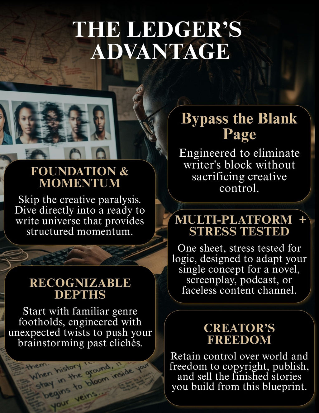 A promotional graphic for 'The Ledger's Advantage' featuring four black rounded-corner text boxes with gold borders and white text, set against a dark, moody background with a laptop showing character photos and a hand holding a pen.