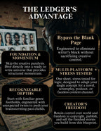 A promotional graphic for 'The Ledger's Advantage' featuring four black rounded-corner text boxes with gold borders and white text, set against a dark, moody background with a laptop showing character photos and a hand holding a pen.