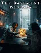The Basement Window movie poster featuring a man in a lab looking at a photo print of a woman and child, with a hooded figure in the foreground and the title 'The Basement Window' at the top.