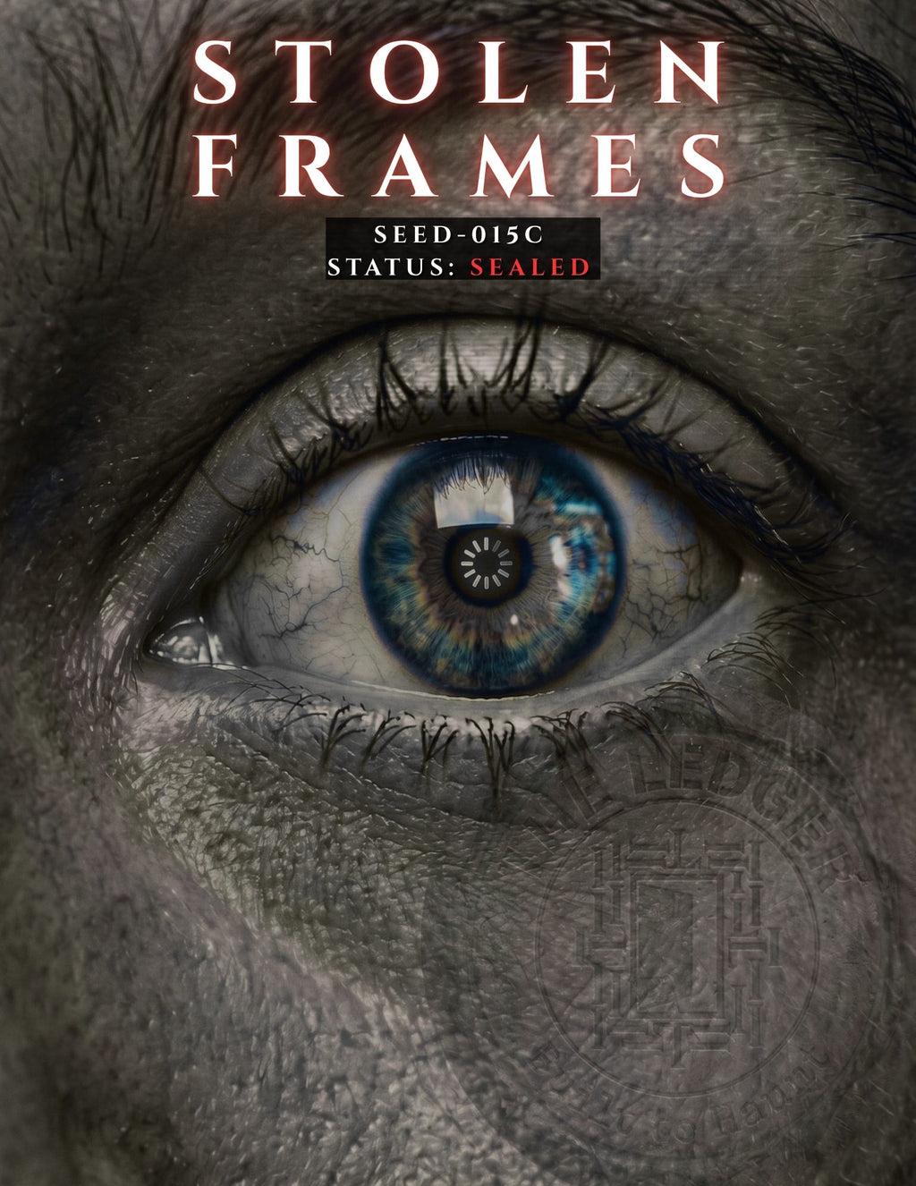 A close-up of a human eye with a blue iris and a circular symbol in the pupil, overlaid with the text 'STOLEN FRAMES' and 'SEED-015C STATUS: SEALED'. The face surrounding the eye is heavily textured and dark gray, with a faint circular emblem visible on the cheek.